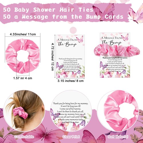 Yinkin 50 Sets Butterfly Baby Shower Favors for Girl, Include 50 Pink Hair Ties Pink Scrunchies 50 Butterfly Thank You Cards a Message from the Bump Baby Shower Sign Baby Shower Souvenirs for Guests