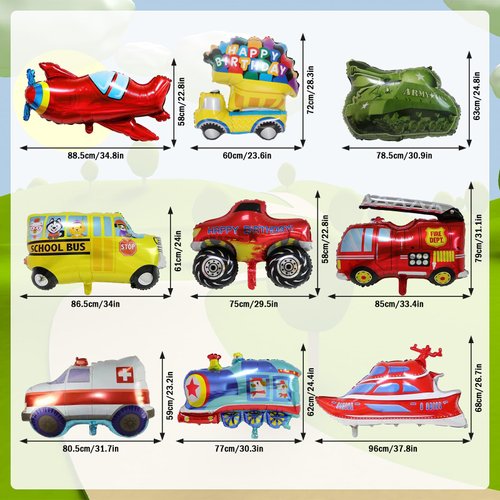 9pcs Transportation Balloons, TACYKIBD Vehicles Aluminum Foil Balloons, Train Ambulance Police Car Fire Truck School Bus Plane Submarine Ship Balloon for Kids Children Birthday Party Decor Supplier
