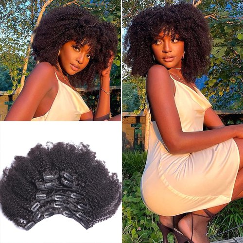 Kabadu 8pcs 120g/set Afro Kinky Curly Clip In Human Hair For Black Women Hair Extension 4B 4C Brazilian Virgin Human Hair Clip Ins for African American Natural Black Color 8 Inch
