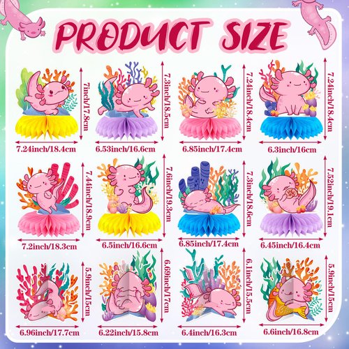 Liliful 12 Pcs Axolotl Party Decorations Axolotl Honeycomb Centerpieces Axolotl Party Favors Cute 3D Double Side Axolotl Table Topper for Axolotl Birthday Shower Backdrop Decoration