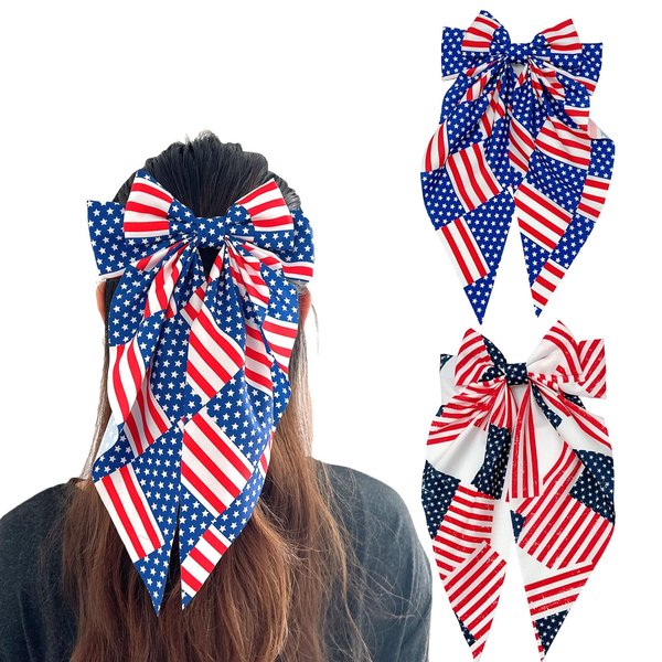 Vsdski 4th of July Bow Hair Clips for Women Big Bows Independence Day Hair Accessories USA Flag Long Tail Hair Ribbon Bowknot Hair Barrettes Nonslip Alligator Clips Patriotic Labor Day Party 2pcs