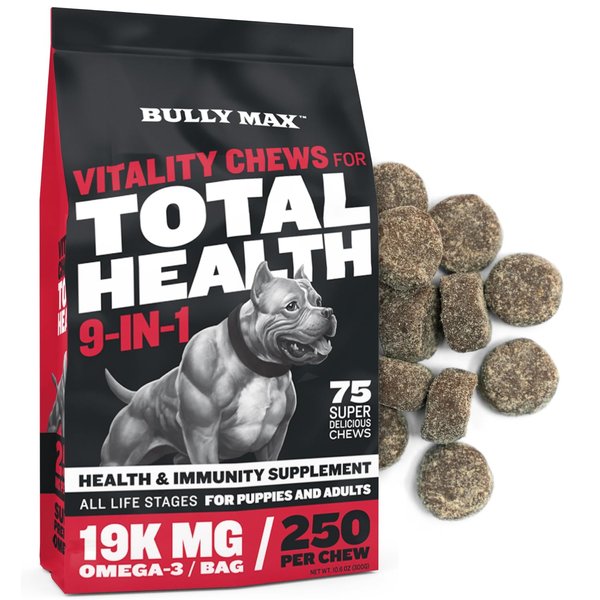 Bully Max 9-in-1 Total Health Dog Chews - Puppy & Adult Dog Multivitamin Treats - Omega 3 Vitamin Supplements for Immunity, Brain, Heart, Joint & Digestive Health for All Breeds - 75 Soft Chews/Bag