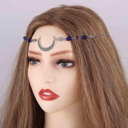 Obmyec Boho Moon Head Chain Silver Rhinestone Headpiece Crescent Forehead Chain Vintage Hair Chains Wedding Crystal Hair Accessories for Women and Girls