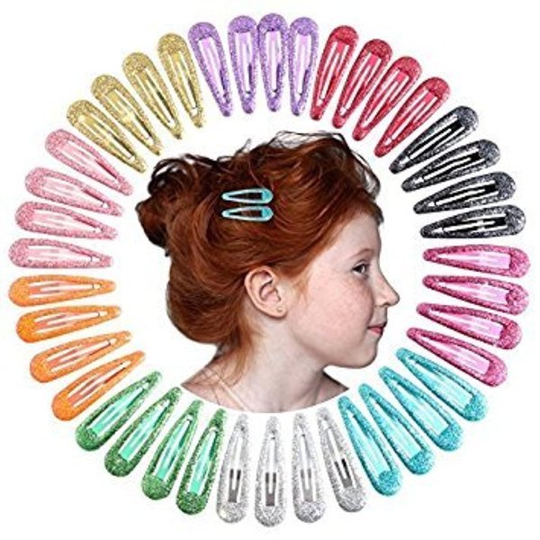 QtGirl Snap Hair Clips 40pcs 2" No Slip Glitter Hair Clip Metal Hair Barrettes for Baby Girls Toddlers