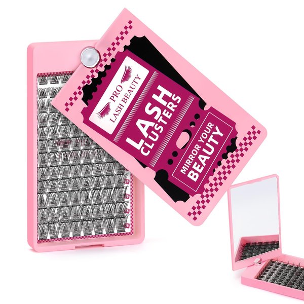 Lash Clusters, 96Pcs Cluster Lashes Rotary Mirror Case Individual Lashes DIY Lash Extension Eyelash Clusters 10-16 Mix Fluffy Wispy Lashes Thin Band Not Fall Apart(Natural, C-10-16mix)
