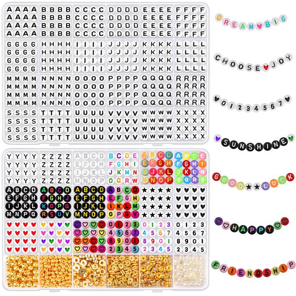 CZWZ 2160 Pcs Letter Beads,4x7mm Acrylic Alphabet Beads Round Letter Beads for Bracelets Making Number Beads Smiley Face Heart Beads in 48 Gird Box