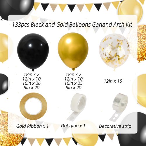 RUBFAC 130pcs Black and Gold Balloons, Balloons Garland Arch Kit, Black Metal Gold and Metallic Confetti Gold Balloons for Graduation Party Baby Shower Wedding Birthday Anniversary