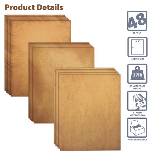 Better Office Products Aged Paper, 48 Sheets of Antique Looking Old Fashion Faux Parchment Paper, Letter Size 8.5 x 11 inch, Double Sided Printing Paper, Vintage Old Fashioned Faux Parchment Paper