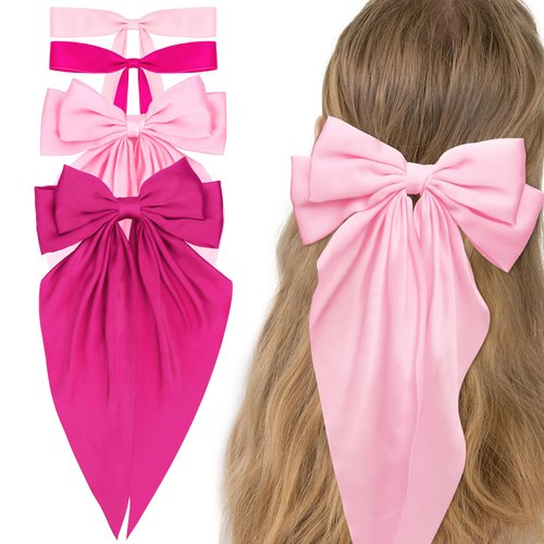 WHAVEL 4PCS Pink Hair Bows, Pink Ribbon for Hair Bow Hair Clips with Long Tail Silky Satin Bow Clips Hair Bow Cute Hair Clips (Pink,Hot pink)