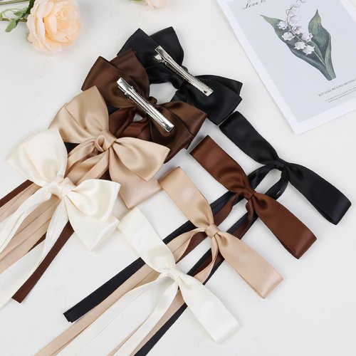 8PCS Silky Satin Hair Bows Hair Ribbon Hair Clips for Women Girls, Black Bow for Hair Long Ribbon Bow Hair Clips Bowknot Hair Accessories for Women Birthday Gifts