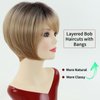 RENERSHOW Blonde Short Pixie Bob Wigs for White Women Layered Straight Synthetic Wig with Bangs Ombre Blond Highlights Bob Haircuts Light Weight Natural Women’s Daily Party Hair Replacement Wig
