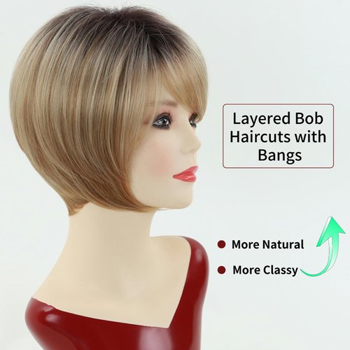 RENERSHOW Blonde Short Pixie Bob Wigs for White Women Layered Straight Synthetic Wig with Bangs Ombre Blond Highlights Bob Haircuts Light Weight Natural Women’s Daily Party Hair Replacement Wig
