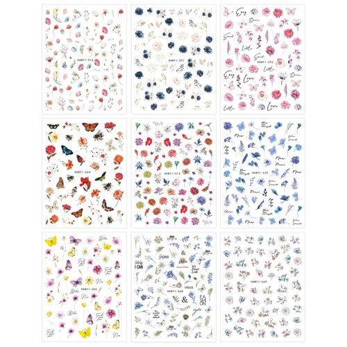 JMEOWIO 9 Sheets Spring Flower Nail Art Stickers Decals Self-Adhesive Pegatinas Uñas Summer Colorful Floral Nail Supplies Nail Art Design Decoration Accessories