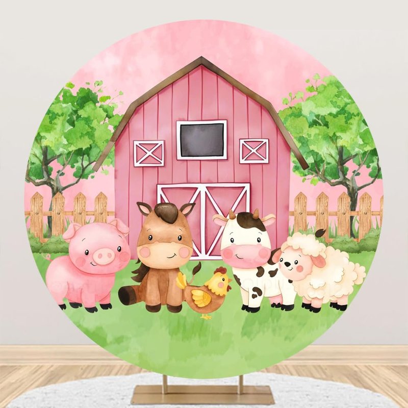 Laeacco 7.2x7.2ft Farm Animals Theme Round Backdrop Pink Barn Door ...