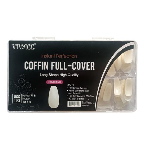 VIVACE Natural Full Cover Coffin 500 Nail Tips 10Sizes,Long Ballerina Nails Acrylic Gel Nail Tips With Clear Plastic Case (Natural Full Cover Coffin)