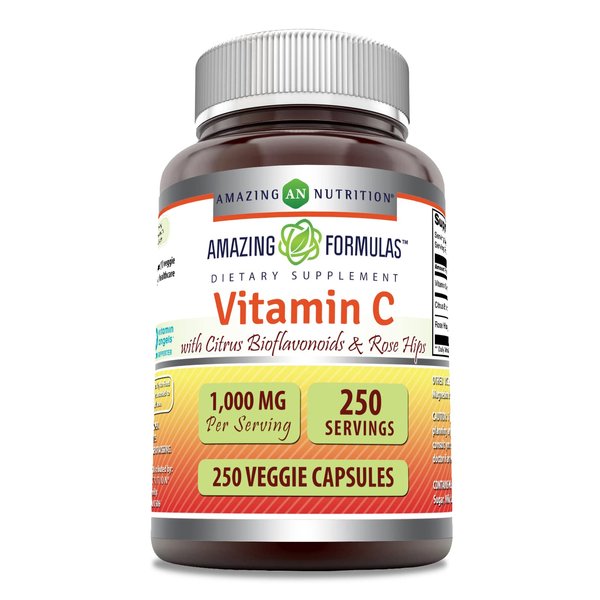 Amazing Formulas Vitamin C (Ascorbic Acid) - 1000mg with Rose HIPS & Citrus Bioflavonoids -Promotes Immune Function -Supports Healthy Aging -Non-GMO, Gluten Free (250 Veggie Capsules)