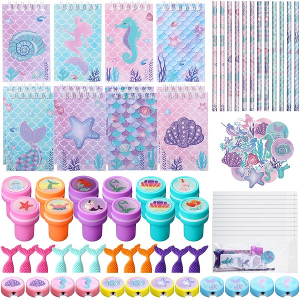 Faccito Mermaid Party Favors Mermaid School Stationery Set Class Reward Gift Notebooks Pencils Sharpener Erasers Stickers Sharpeners Stampers Mermaid Birthday Decoration Supplies (Beautiful,172 Sets)