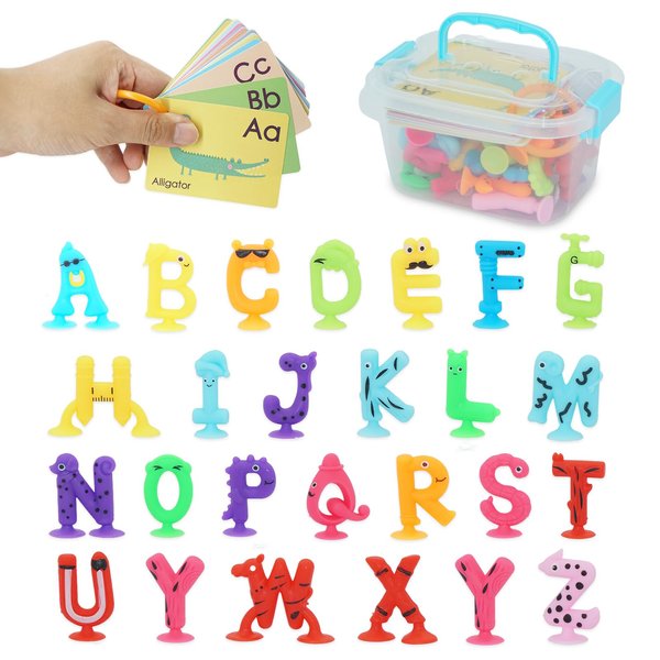 Alphabet Letters Learning Suction Toys: ABC Silicone Baby Bath Toys, Bathtub/Windows/Car/Travel Toys for Toddlers 1-3, Preschool Educational Montessori Sensory Toys for 1/2/3 Year Old