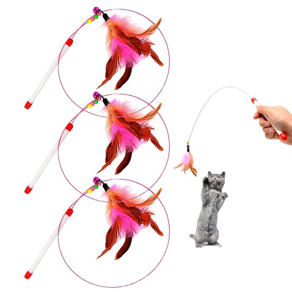 MAIYU Cat Feather Wand Toy - 3 Pack Steel Wire Feather Interactive Cat Stick Training - Beads Bells Kitten Wand Toys Pet Teaser