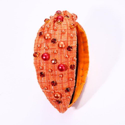 NVENF Fall Headbands for Women Pearl Crystal Thanksgiving Headband Orange Rhinestone Embellished Jeweled Headbands Thanksgiving Fall Hair Accessories Gifts (Orange)