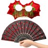 2 Pieces Women Rose Flower Hair Clip and Embroidered Sequins Fabric Handheld Folding Fan Hair Accessories for Flamenco Dancer Costume Accessories Girl Halloween Cosplay Party (Red)