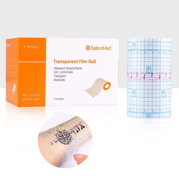 Tattoo Aftercare Bandage, Transparent Film Dressing Roll, Transparent Adhesive Bandage, 4in x 11yd, Shower Shield Dressing, Second Skin Waterproof,Soft, Conformable & Breathable by EalionMed