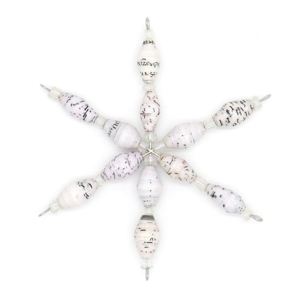 Outreach Uganda Handmade Beaded Christmas Ornament – White Speckled Tree Star Ornament, Crafted from Recycled Paper Beads | Unique Eco-Friendly Holiday Decoration
