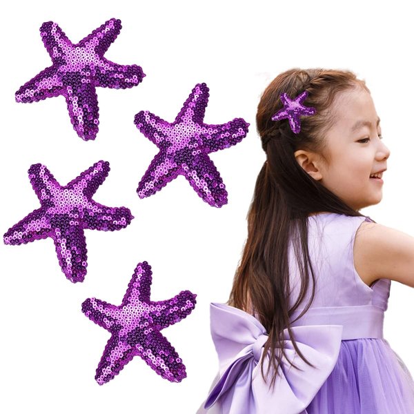 Kistreao 4Pcs Sequins Starfish Hair Clips Sea Star Glitter Hair Pins Mermaid Hair Barrettes Sparkling Hair Accessories for Women Girls Mermaid Birthday Wedding Celebration Beach Party Supplies(Purple)