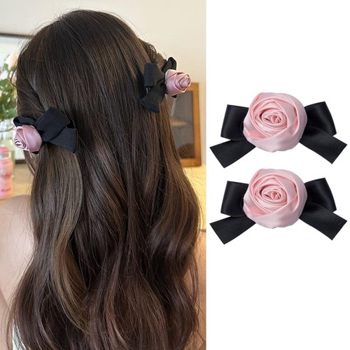 Rose Bow Hair Clips for Women Girls Flower Hair Barrettes Red Rose Hairpin Hair Clip Elegant French Bowknot Hair Clips Bows for Women Black Silky Satin Vintage Hair Bow Accessories