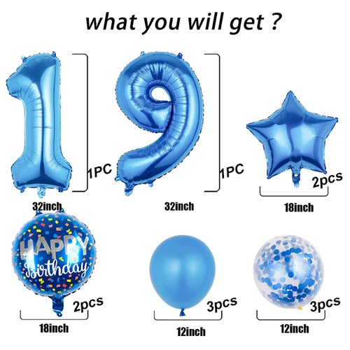 Balloons,11 pcs Foil Balloons 19 Year Old for 19th Birthday Party Supplies Decoration，Confetti Balloon Kids Party Balloons Birthday Party Supplies 19 Years Old Birthday Balloon for Kids (19th, Blue)