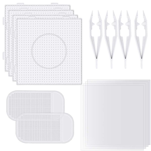 Sc0nni 4 Sets 5mm Fuse Bead Board Clear Plastic Pegboards with Sticky Bead Mat for Kids DIY Craft Beads (Square)