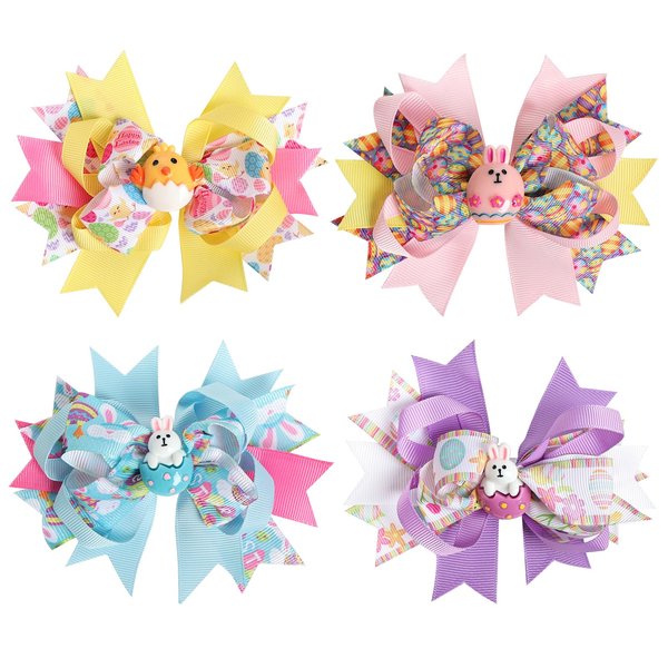 4Pcs Easter Hair Bows Clips 4.72 Inch Rabbits Eggs Pattern Hair Clips Easter Hair Accessories for Girls Toddlers Kids Easter Party Supplies