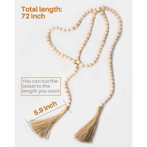 Wood Bead Garland with Tassels, 72 Inch Natural Wooden Beads Garland, 6 Feet Handmade Boho Farmhouse Decor, Coffee Table Decor