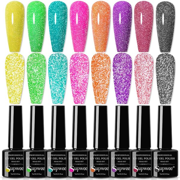 SUPWEE Neon Reflective Gel Polish Sparkle Glitter Gel Nail Polish Bright Yello Green Orange Disco Nail Polish Gel Manicure Soak Off UV Gel for DIY at Home 8 Colors 7ML(0.24fl oz)