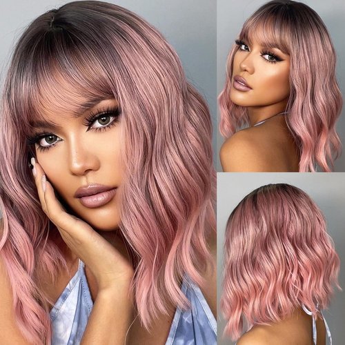Doremiy Short Bob Ombre Black Pink Wavy Wigs for Women Natural Shoulder Length Wig with Bangs Synthetic Wigs for Daily Cosplay