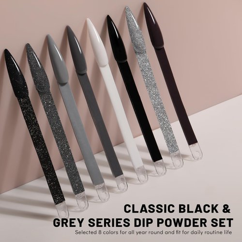 Aokitec 8 Colors Dip Powder Nail Set, Gray Classic White Black Collection Glitter Pastel Dipping Powder Manicure Starter Kit Nails French Nail Art Salon Home DIY Ideal Gifts for Women