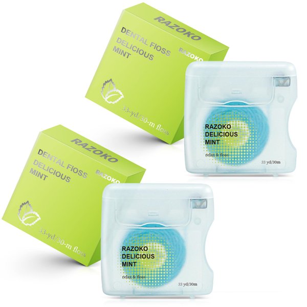 RAZOKO Coconut Oil Infused Woven Dental Floss, Vegan and Cruelty-Free, Mint Scent, 4 Month Supply(33 Yds x 2 Units)