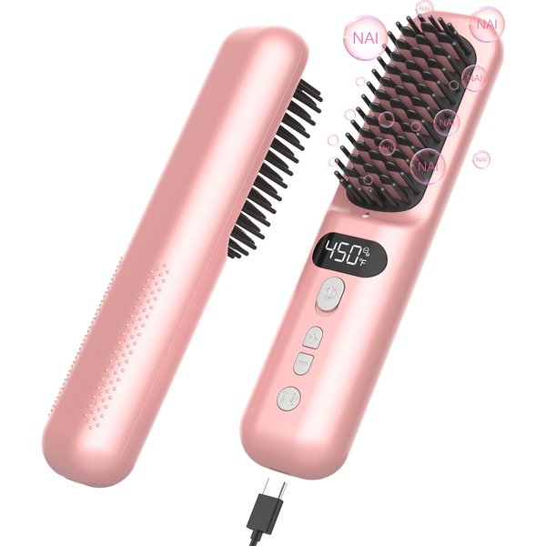 Wireless Hair Straightener Brush - Portable Straightening Comb for Travel with Titanium Ceramic and Negative Ion, Mini Hot Comb with 9 Adjustable Temperature Levels and 30Min Auto Shut-Off