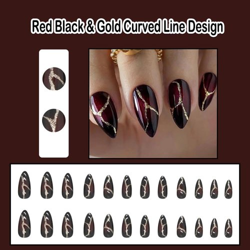 ANDGING Red Black Press on Nails Almond Short Medium Fake Nails with Gold Curved Line Design Coffin Gel Glue on Nails for Women Acrylic False Nails with Glue Stick on Nails for Wedding Birthday CLK58