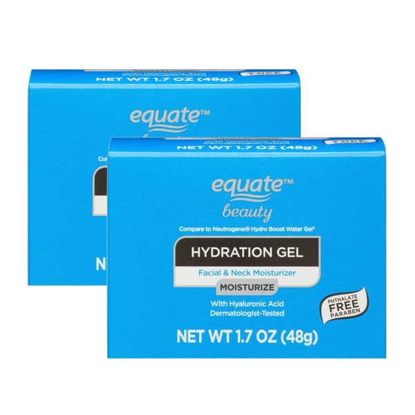 Equate Beauty Oil Free Hydration Gel Facial and Neck Moisturizer, 1.7 oz | Deep Hydration | With Hyaluronic Acid | Dermatologist-Tested | Paraben Free | Phthalates Free (1.7 OZ - Pack of 2)