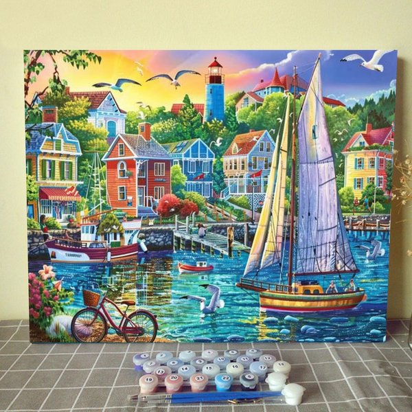 Romantic Summer Seascape Paint by Numbers Kits with Brushes and Acrylic Pigment on Canvas Painting for Adults, Enchanted Red House and Lighthouse Picture Home Wall Decor Gifts 16''x20'' (DIY Framed)