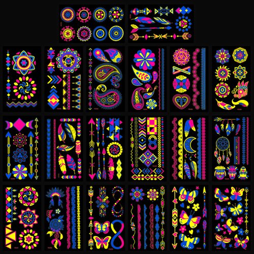 MCPINKY 25 Sheets Glow in The Dark Temporary Tattoos, Face Tattoo Stickers Fluorescence UV Neon Body Tattoo Waterproof Tattoo Stickers for Women Men Rave Festival Accessories Party Supplies