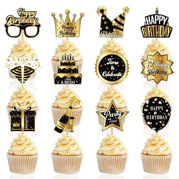 48pcs Black Gold Birthday Party Supplies,Black Gold Birthday Party Cupcake Toppers for Kids Gift Birthday Party Favors Kid's Black Gold Birthday Party cake Decoration Supplies (HH)