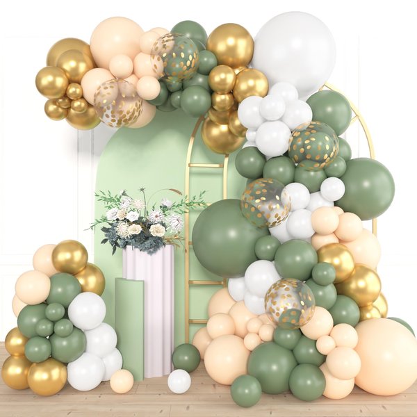Amandir 153pcs Sage Green Balloon Garland Arch Kit, Different Sizes 18 12 10 5 inch Green Blush Gold Latex Metallic Confetti Gold Balloons for Birthday Baby Shower Wedding Safari Forest Decorations