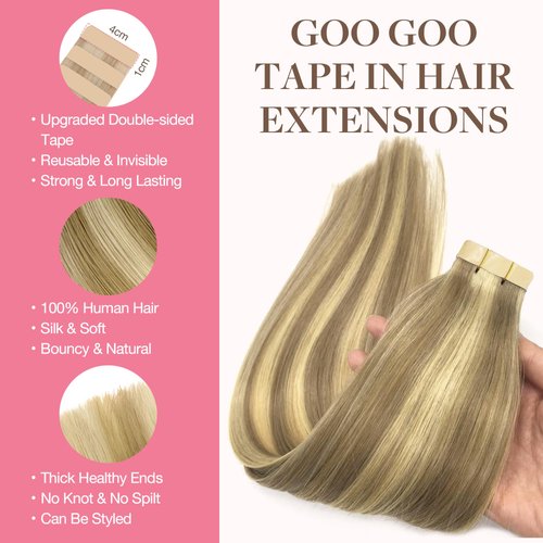 GOO GOO Tape in Hair Extensions Human Hair, 16/22 Light Blonde Highlighted Golden Blonde, 22inch 50g 20pcs, Thick Ends Straight Seamless Tape in, Invisible Tape in Hair Extensions Human Hair