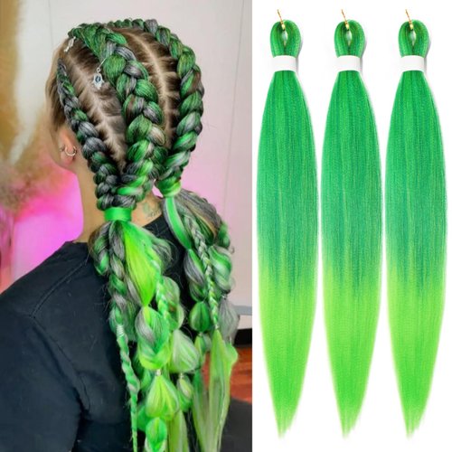 Ombre Green Pre stretched Braiding Hair, 3 Packs Kanekalon Box Braids Hair Extensions, 26 Inches Yaki Texture Braiding Hair Pre stretched