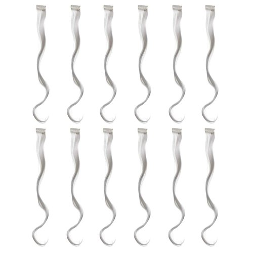 SWACC 12 Pcs Curly Wavy One Color Party Highlights Clip on in Hair Extensions Colored Hair Streak Synthetic Hairpieces (Sliver Gray)
