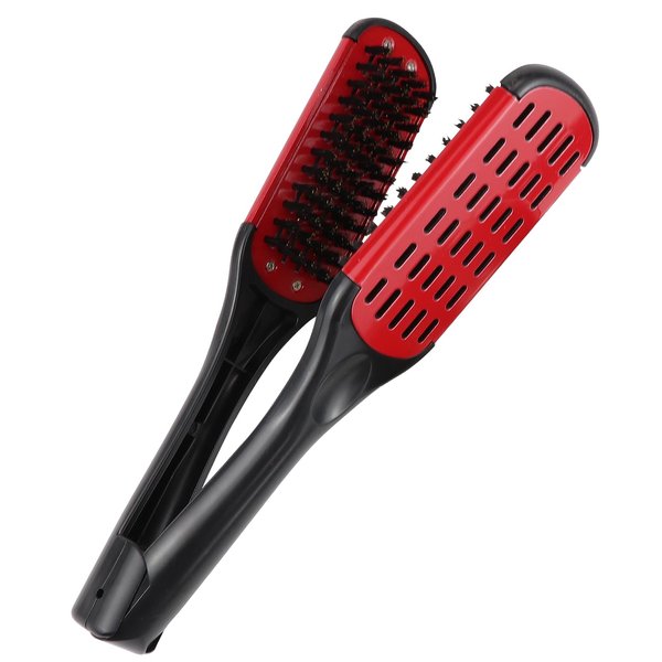 Hair Straightening Comb, Boar Hair Double Sided Brush Comb Clamp, Hair Styling Tool (Red)