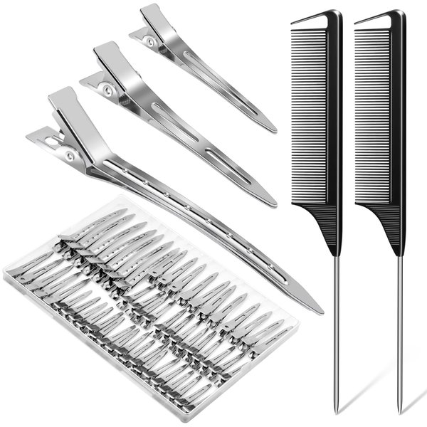 70Pcs Metal Duck Billed Hair Clips, MORGLES 3 Sizes Hair Roller Clips with 2pcs Rat Tail Combs for Hair Stylist, Sliver Alligator Hair Clips for Hair Bows, Doing Makeup, Sectioning with A Case