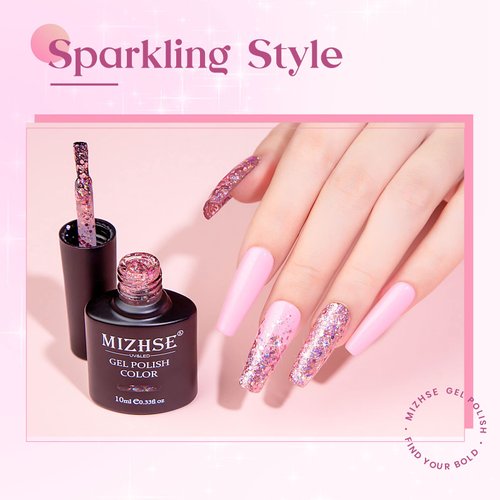 MIZHSE Glitter Gel Nail Polish Pink Sparkly Diamond Holographic Effect Soak off UV LED Nail Gel Polish Chunky Gel Home DIY Nail Salon Nail Art Design